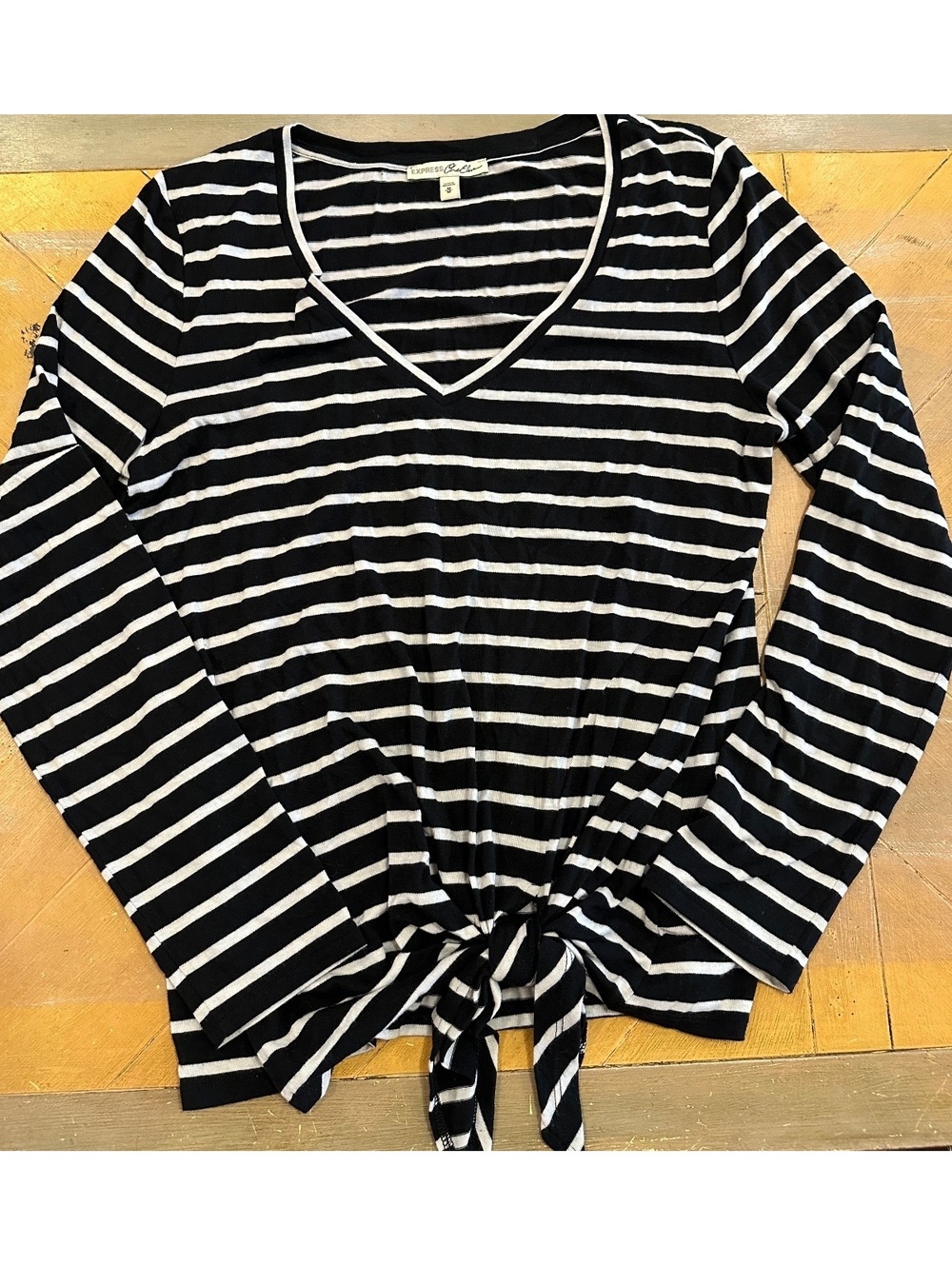 Express Women’s Medium Black White Striped Wrap Tie Long Sleeve Top